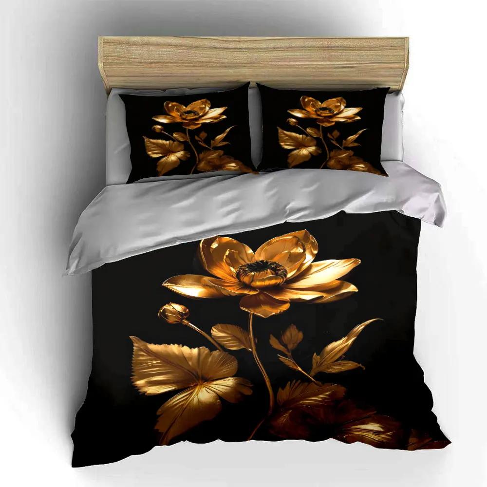 Golden Floral Artwork Decorative Set Soft Comfortable Duvet Cover Bedding Set Included 1*Duvet Cover & 2*Pillowcases gift