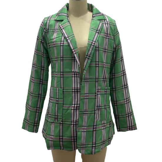 Женский пиджак с лацканами, длинный рукав, открытый спереди, пиджак с карманами, клетчатый принт, приталенный повседневный деловой пиджак