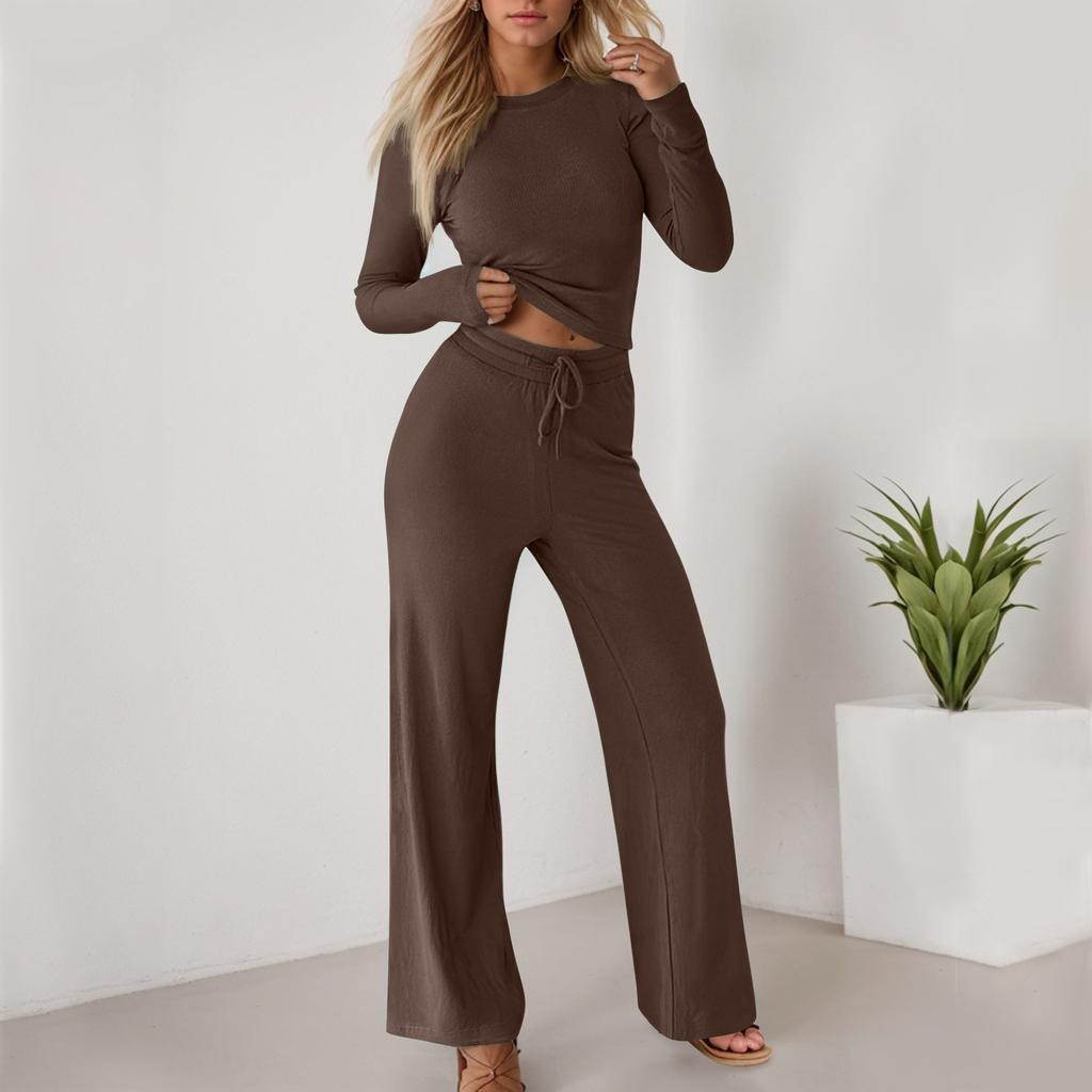 Женская спортивная одежда, повседневный короткий топ, длинные брюки, однотонный комплект из двух предметов, комплект с длинными рукавами