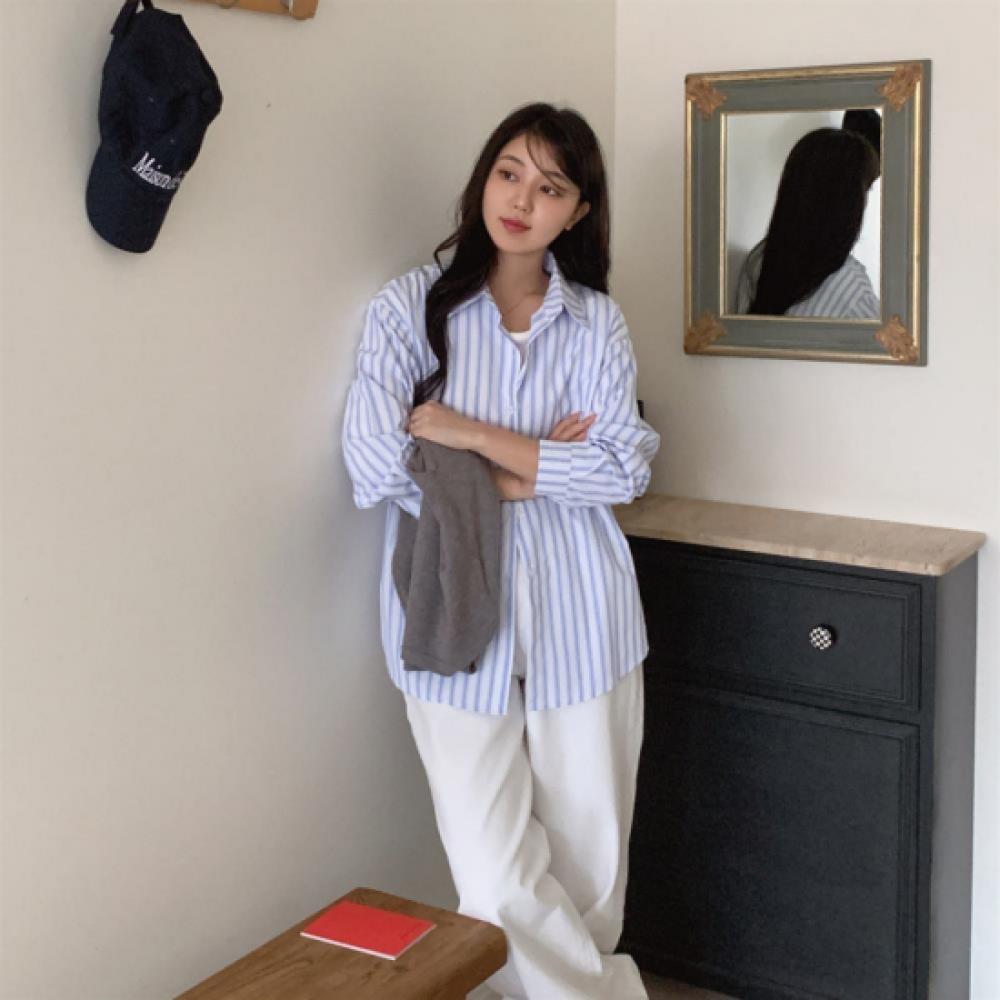 New Arrivals Open Run Loose Fit Long Sleeve Shirt Box Stripe Hip Cover
