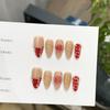 Women Short Almond Press‑On Nails Pure‑Handmade Red Hand‑Painted European American Carved False Nail Patches