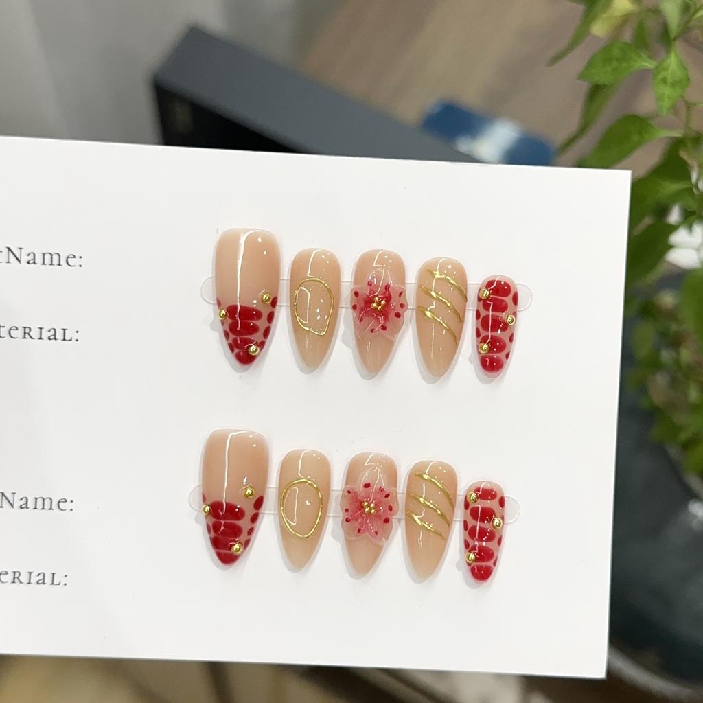 Women Short Almond Press‑On Nails Pure‑Handmade Red Hand‑Painted European American Carved False Nail Patches
