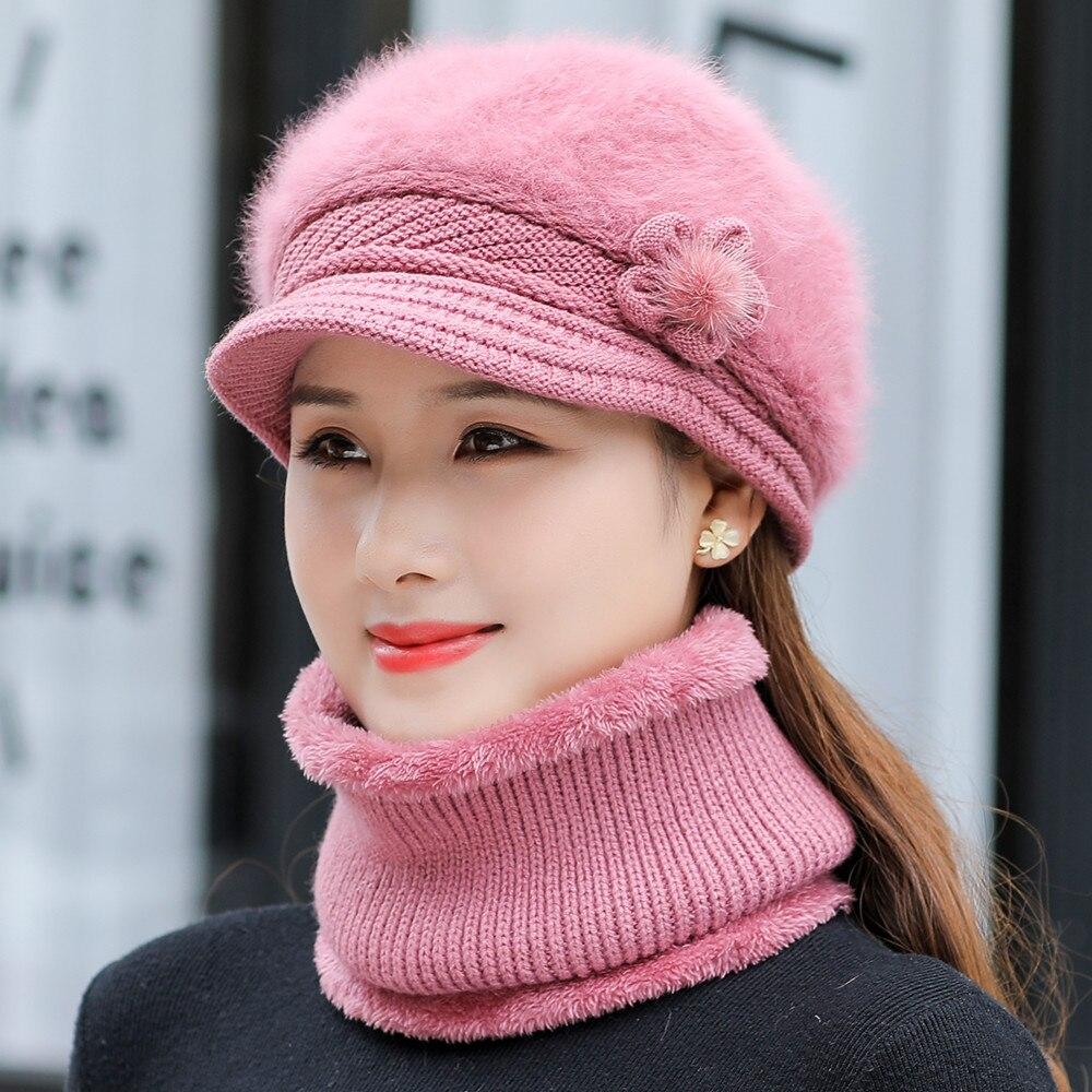 1PC New Women Winter Hat Keep Warm Cap Add Fur Lined Hat & Scarf Knit Suit Fashion Hat For Women Casual Rabbit Fur Flower Knitted Hat