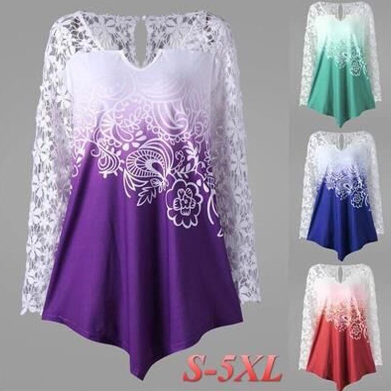 Stylish Plus Size Fashion Blouse For Women Featuring Sexy Lace And Ombre Print
