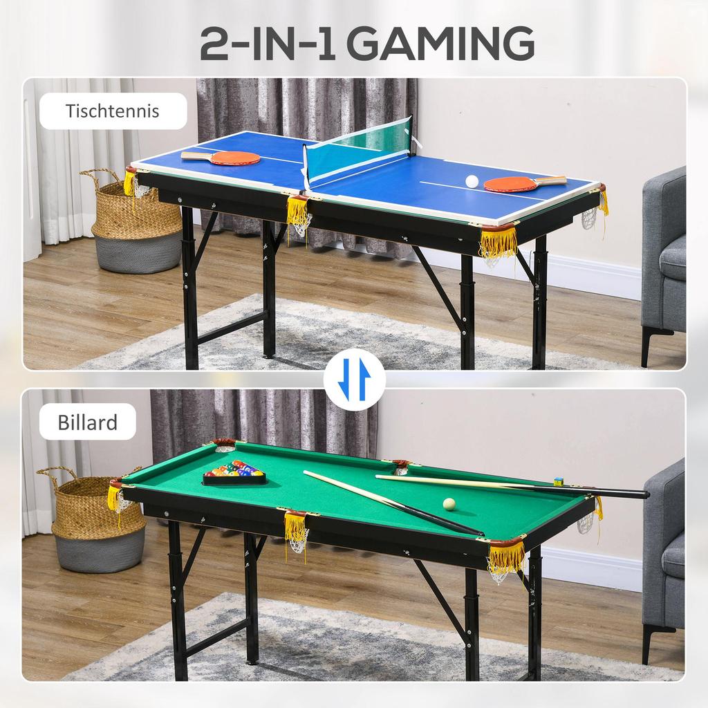 2-in-1 Billiard Table, Table Tennis Table, with Accessories, 140x63x80cm, Blue/Green