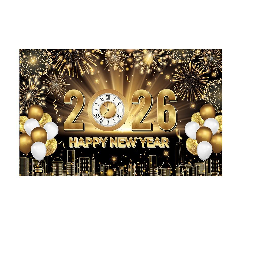 Black Gold 2026 New Year Backdrops Polyester Night Glittering Party Background Colorful Balloon Champagne Photo Background