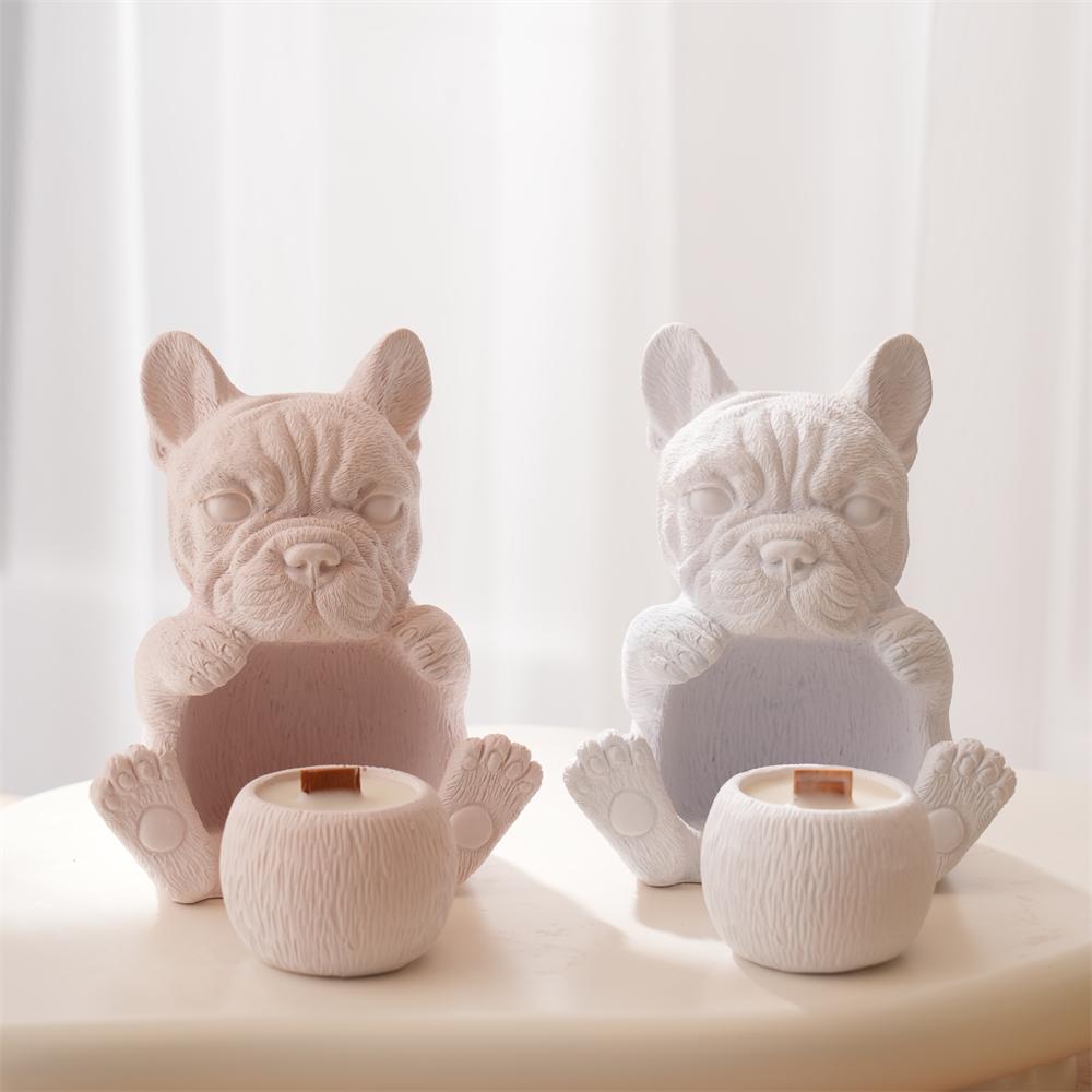 French Bulldog Puppy Hollow Candle Holder Silicone Mold Concrete Plaster Candlestick Mold Resin Cat Soy Wax Holder Candle Jar