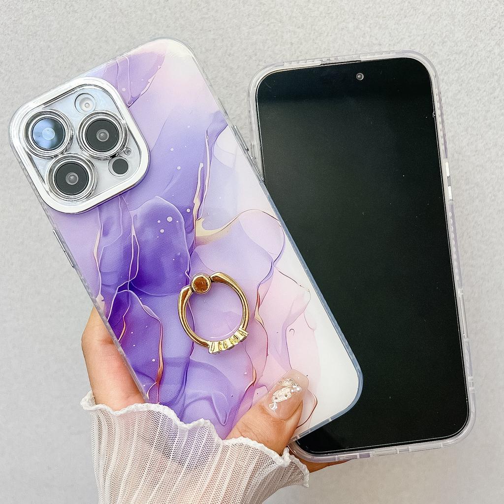 Чехол для iPhone 16 Pro с подставкой, IMD мраморный узор, гальванизированная накладка для телефона