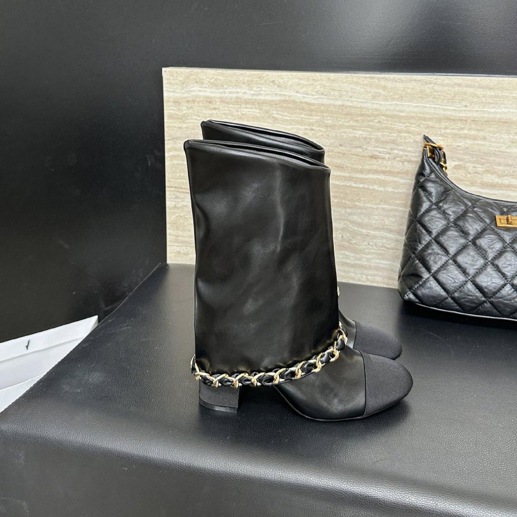 2025 Autumn and Winter New Round Head Medium Tube Thin Chain But Knee Knight Splicing Martin Women's Boots