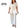 2Pcs/Set Women Casual Outfit O-neck 3/4 Sleeve Mid-length Tops Elastic Waist Wide Leg Long Pants Set Solid Color Loungewear