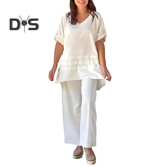 2Pcs/Set Women Casual Outfit O-neck 3/4 Sleeve Mid-length Tops Elastic Waist Wide Leg Long Pants Set Solid Color Loungewear