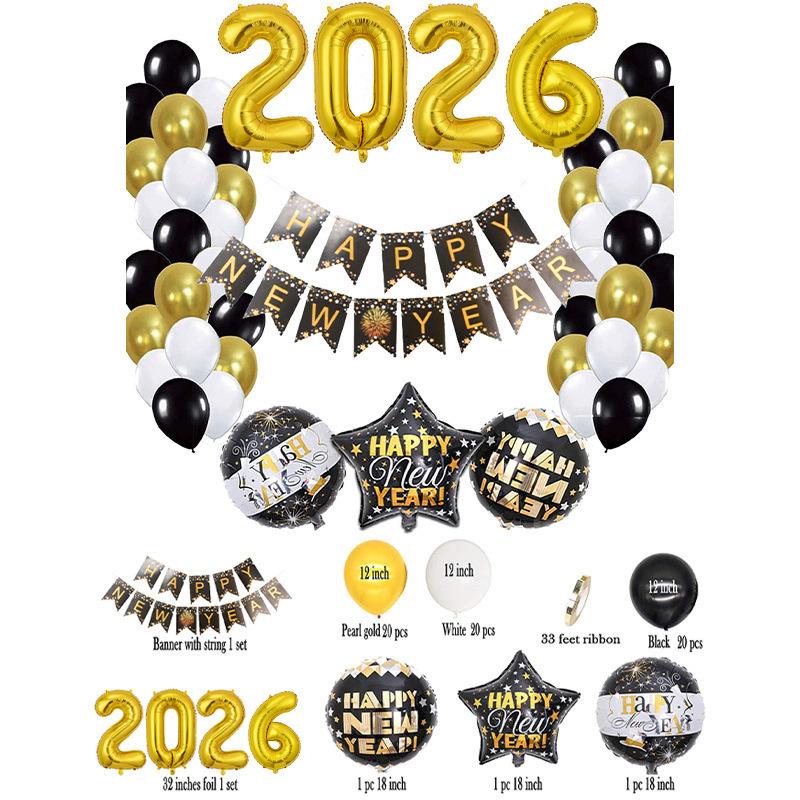 Balloon New Year Black Gold Letter Balloon Set, New Year Happynewyear Party Decorations