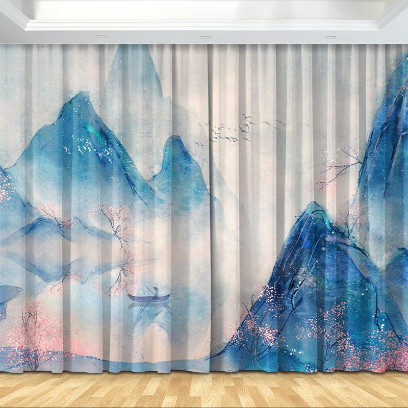 Новая китайская занавеска Японский пейзаж Полутеневая занавеска Печатный крючок для штор Спальня Гостиная Кухня Пол Окно Занавеска