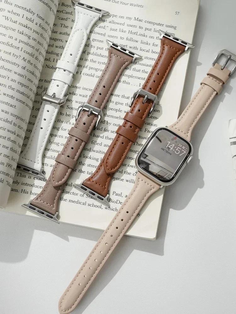 Тонкий кожаный ремешок для Apple Watch Band 44 мм 40 мм 41 мм 45 мм 44 мм Браслет для iwatch Серии 10-11 46 мм 42 мм ремешок Ultra 2-3 49 мм