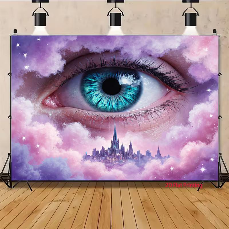 2D Aesthetic Dreamy Backdrop, Giant Eye with Pink Purple Clouds Banner