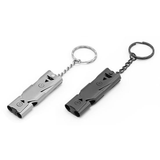 Уличный свисток для выживания с брелоком Двухтрубный 80-150 дБ Высокий децибел Свисток из нержавеющей стали