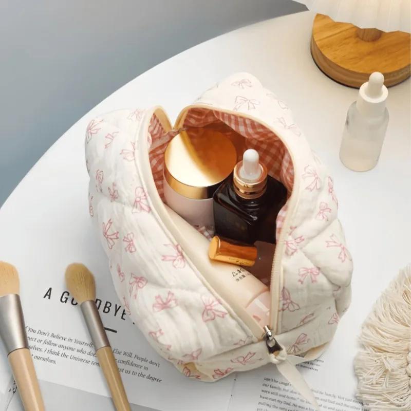 Cute Bow Flower Cloth Handbag Quilting Cotton Makeup Bag Women Zipper Cosmetic Organizer Portable Toiletry Case for Girls