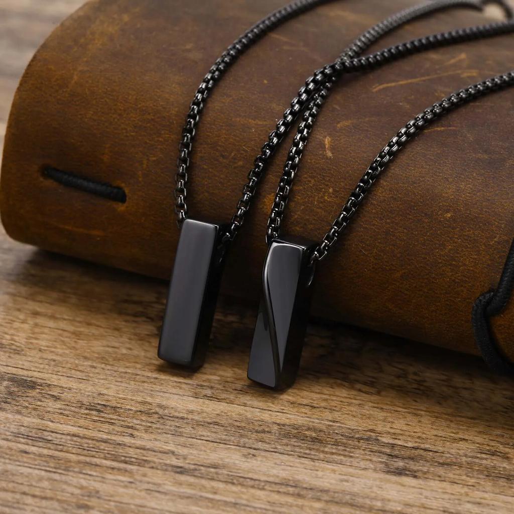 Stylish Geometric Necklaces for Men Boys,Waterproof Black Stainless Steel Square Rectangle Bar Pendant Collar Gifts for Him