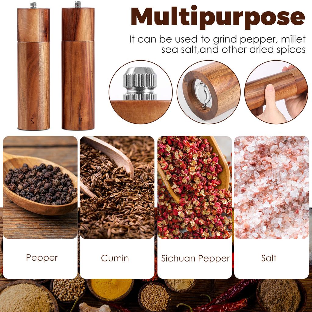2Pcs Wooden Salt Mill Shaker Ergonomic Adjustable Coarseness Manual Pepper Grinder for Peppercorn Chili Flake Dried Herb