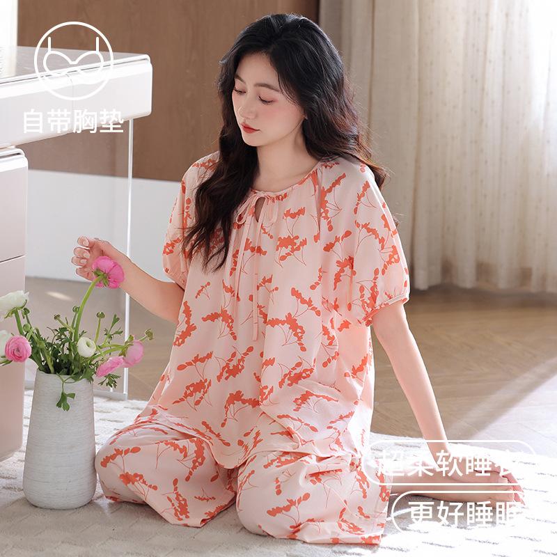 Pajamas women's summer cotton short-sleeved eight-point pants with chest pads 1011 new high-end summer half-sleeved loungewear