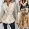 Women's Faux Leather Jacket With Faux Fur Collar, Winter Long Sleeve Furry Trim Peplum Parka Coat With Belt