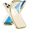 Case for iPhone 15 Pro Max, Transparent Silicone with Gold Outline + 2 Tempered Glasses