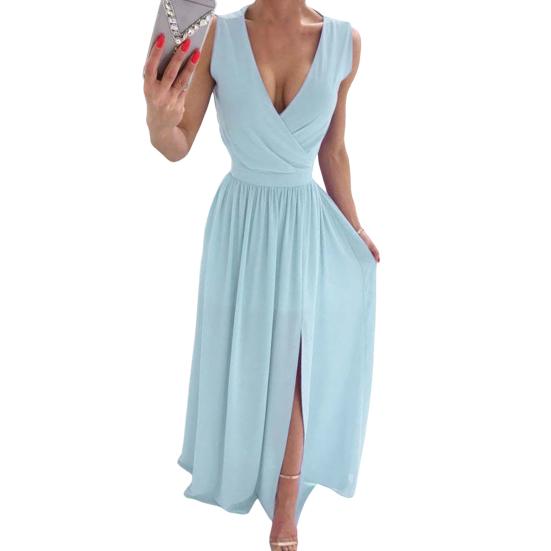 Женское вечернее платье с V-образным вырезом без рукавов, плиссированное подол с разрезом, тонкая талия, длина до пола, сплошной цвет, свадебное коктейльное платье для выпускного вечера, макси-платье