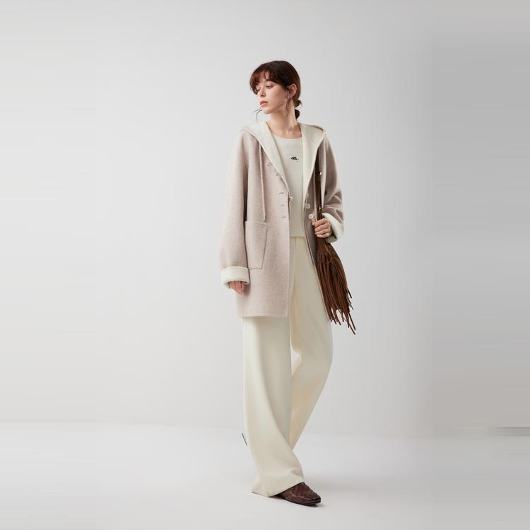 ELLE French Fashion Design Wool Blend Mid-Length Single-Breasted Casual Loose Hooded Two-Piece Double-Sided Wool Coat Women coats EN52147