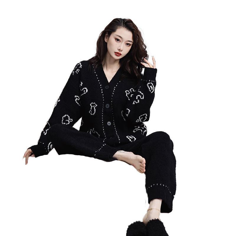 Velvet Autumn Winter New Long Sleeve Pajamas Homewear Sweater Sleep Pants Thickened Fleece Cardigan Set Outerwear