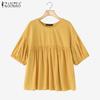 Женская блузка оверсайз с круглым вырезом, рукавом до локтя, однотонная, повседневная, свободного кроя, с оборками