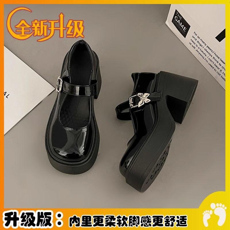 Черные туфли на толстом каблуке и платформе из кожи, женские весенние туфли Мэри Джейн с французским эффектом, короткие туфли на высоком каблуке