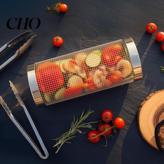 Gas Grill Basket Rotating BBQ with Wood Handle Stainless Steel Vegetable Cylinder Cage for Camping Non-Stick Outdoor Cooking Tool Portable