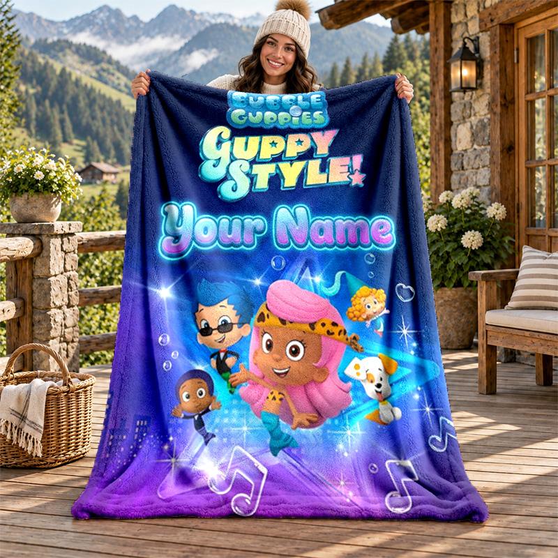 Bubble Guppies Custom Name Flannel Blanket Personalized Soft Warm Plush Throw Blanket Customized Gift for Family Friends