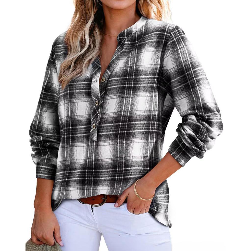 Women's V-neck Plaid Shirt Fashion Casual Shirt Button-up Top