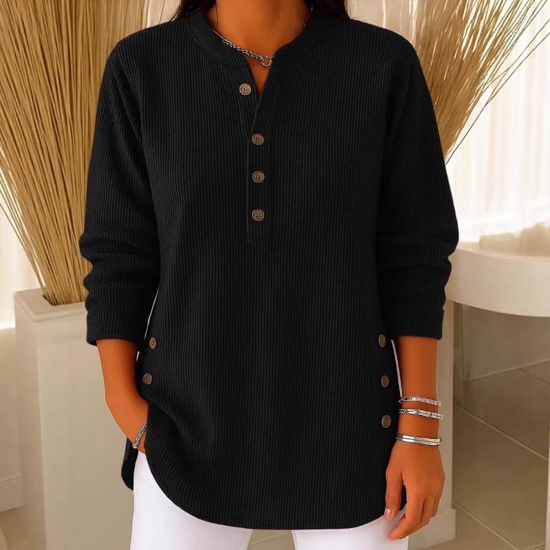 Женская ребристая вязаная футболка-henley с длинным рукавом, свободная туника с боковыми пуговицами
