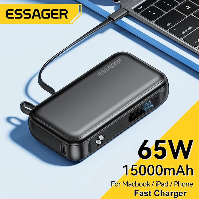 Essager 15000 мАч Портативный внешний аккумулятор с кабелем USB C Внешний запасной аккумулятор для iPhone iPad Macbook 65 Вт Быстрая зарядка