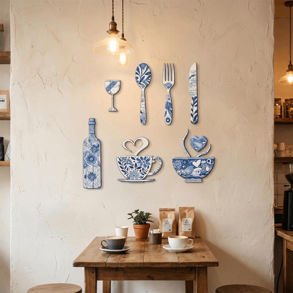 8PCS/SET Fork Wooden Wall Sticker Ornaments Pastoral Style Wooden Decorative Plaques  Kitchen Decor