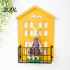 Sturdy Metal And Wood Wall Floating Shelf Wooden House Shape Shelf, Decorative Storage Rack, Creative Space Saving for Balcony Basket with Mesh