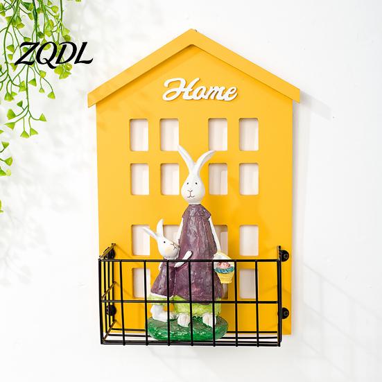 Sturdy Metal And Wood Wall Floating Shelf Wooden House Shape Shelf, Decorative Storage Rack, Creative Space Saving for Balcony Basket with Mesh