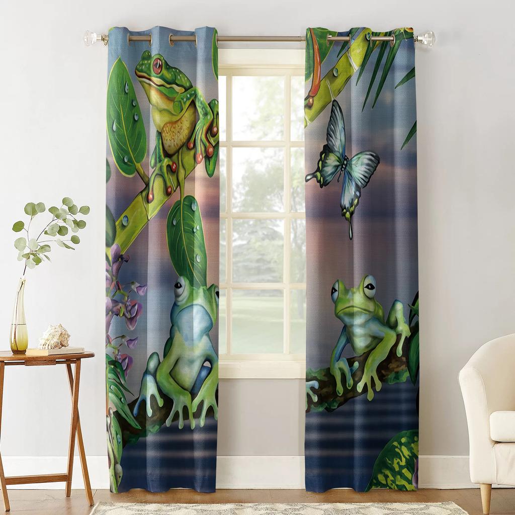 Green Leaf Branch Frog Blackout Curtains For Living Room Window Curtains For Bedroom Kitchen Curtains Drapes Blinds