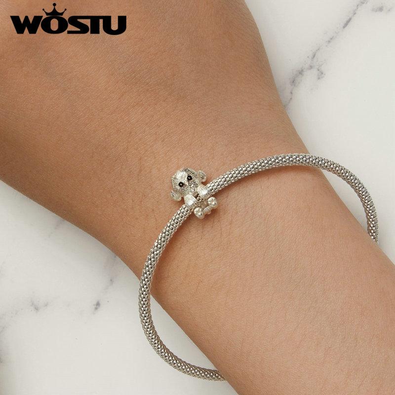 WOSTU 925 Sterling Silver Teddy Charm Beads for Bracelet DIY Jewelry