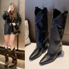 Women Autumn Winter Black Leather Rivets Elegant Slim Knee High Boots Fashion 6.5cm High Heel Pointed Toe Female Long Boots