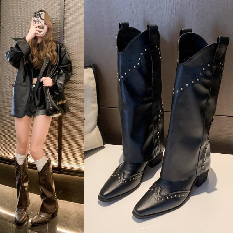 Women Autumn Winter Black Leather Rivets Elegant Slim Knee High Boots Fashion 6.5cm High Heel Pointed Toe Female Long Boots