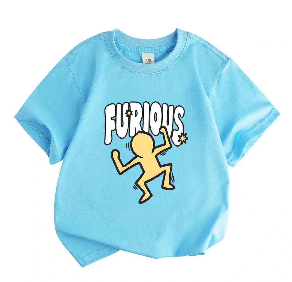Kids Boys Girls 100% Cotton Crew Neck Short Sleeve T-Shirt, Cute Furious Cartoon Angry Character Print Casual Soft Breathable Tee for Daily Wear Holid