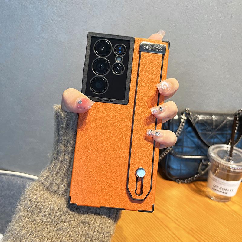 Чехол для мобильного телефона Samsung S23 Ultra с узором из кожи личи, подходит для SAMs22ul, противоударный, полностью закрывающий, с подставкой-браслетом, деловая обложка