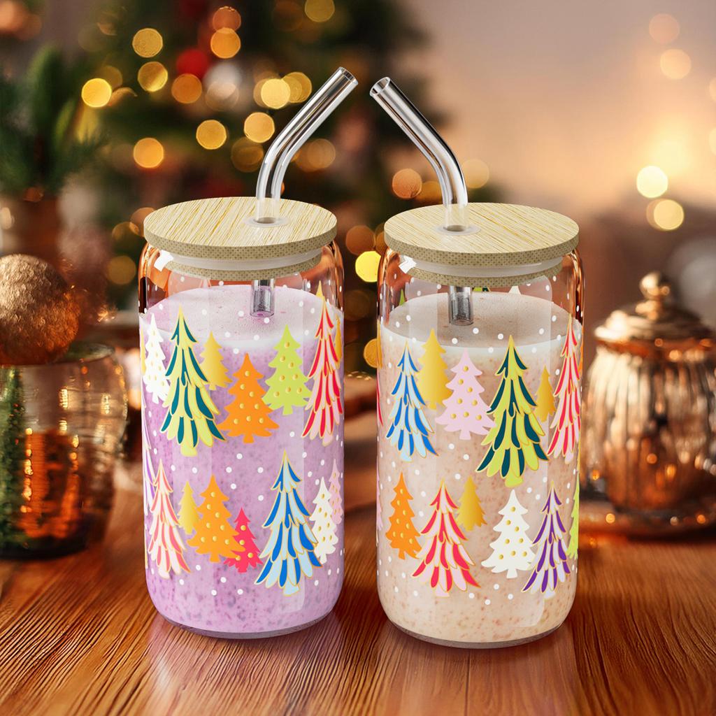 500ml Christmas Glass Cup Xmas Tree High Borosilicate Drinking Glass With Lid&Straw,Brush Juice Coffee Cup Christmas Gifts