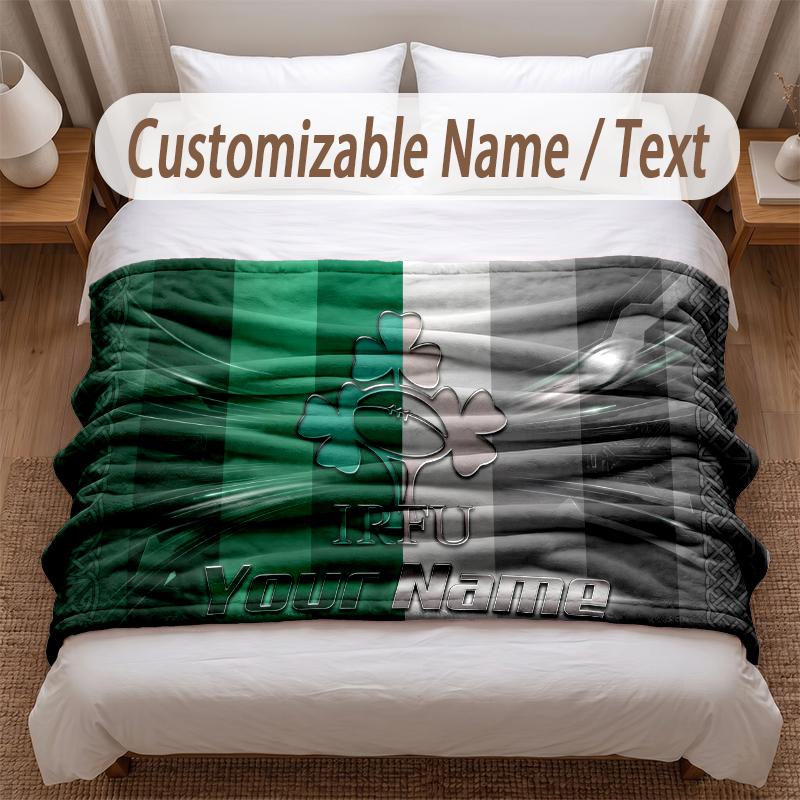 Ireland Rugby Printed Flannel Blanket Custom Name Text Soft Warm Throw For Bedroom Holiday Gift