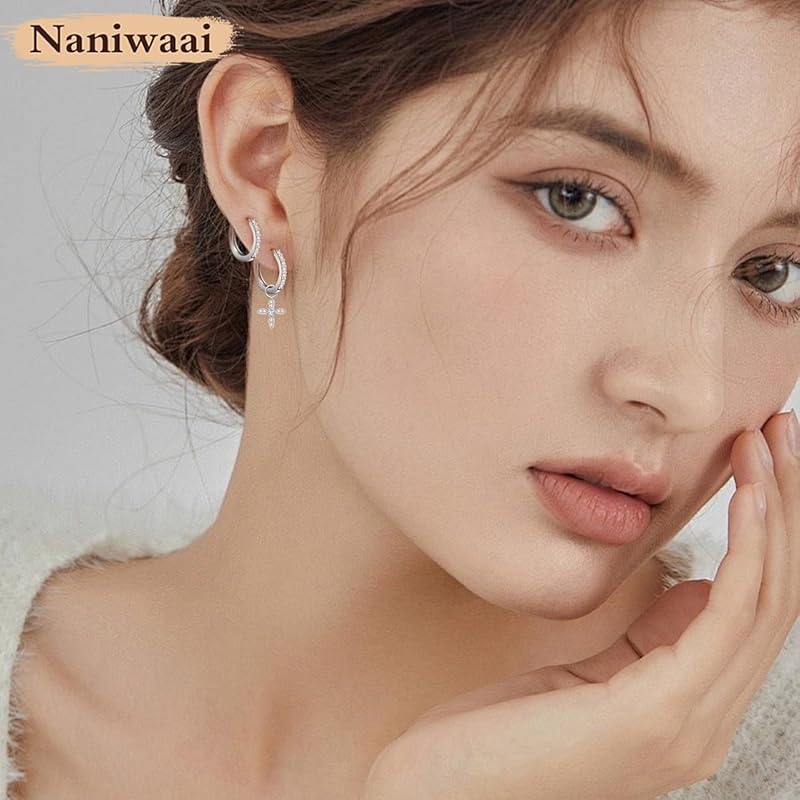 Naniwaai Earrings Ladies April Birthstone Hoop Sway 2Way Flower Woman Silver Compatible with Metal Allergies Cross Adult Accessories Present Birthday