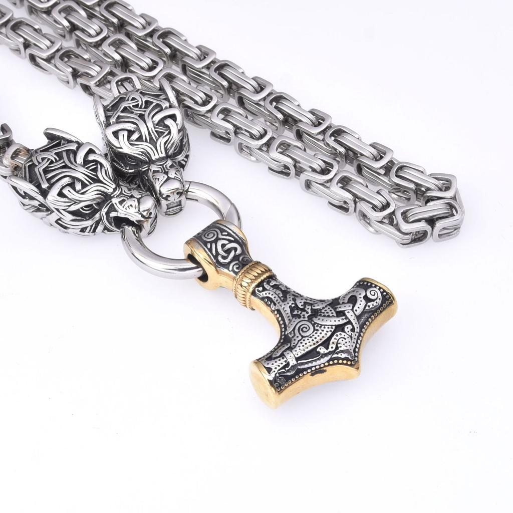 Stainless Steel Thor 'S Hammer Pendant Necklace Wolf Head Stainless Steel Necklace Men 'S Accessories