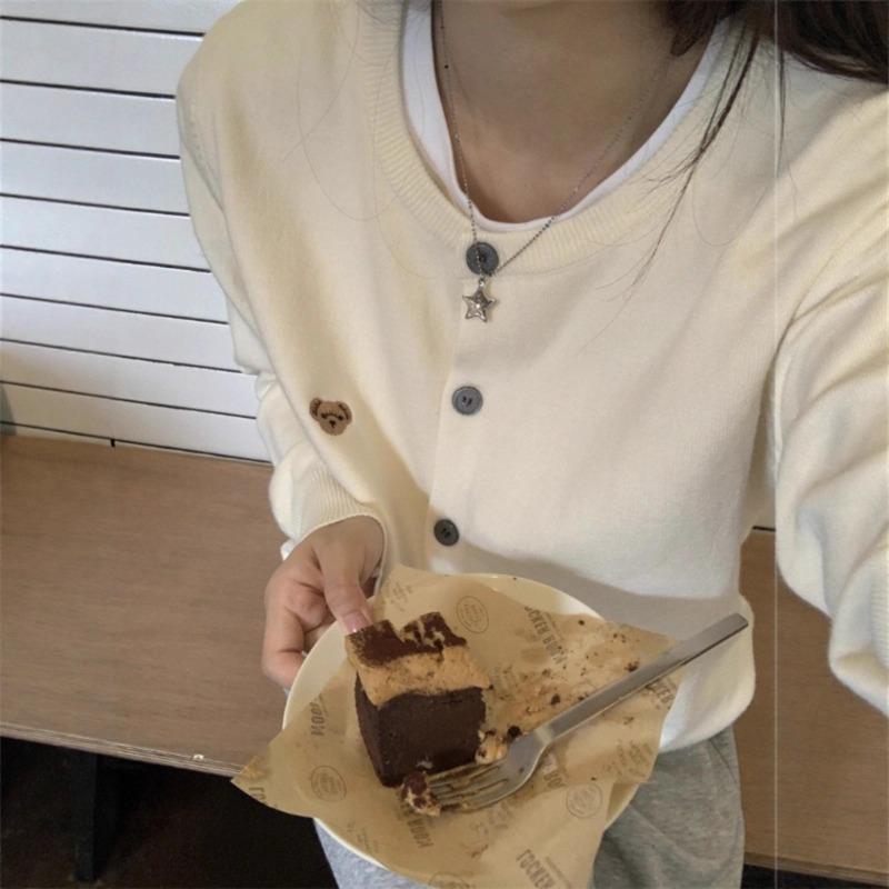 Autumn style soft waxy bear embroidered long-sleeved knitted sweater women's early autumn gray cardigan sweater jacket